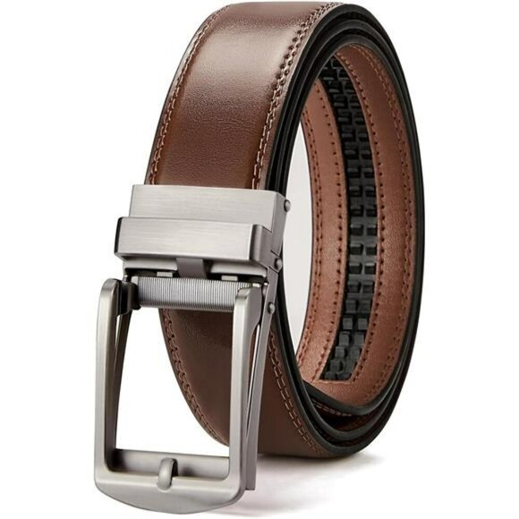 Mens leather ratchet belt adjustable slide buckle dress casual trim to fit - Picture 1 of 7